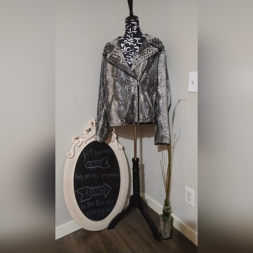 Torrid Black and Gray Snake Print Leather Jacket With Studs